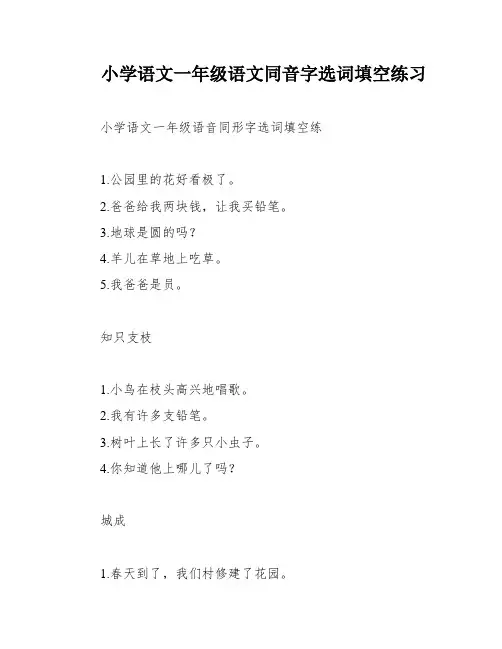 小学语文一年级语文同音字选词填空练习