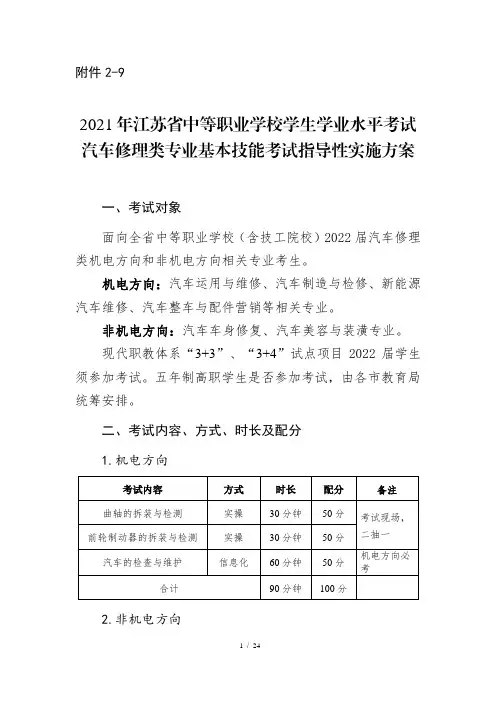 2-9：2021年江苏省中等职业学校学生学业水平考试汽车修理类专业基本技能考试指导性实施方案