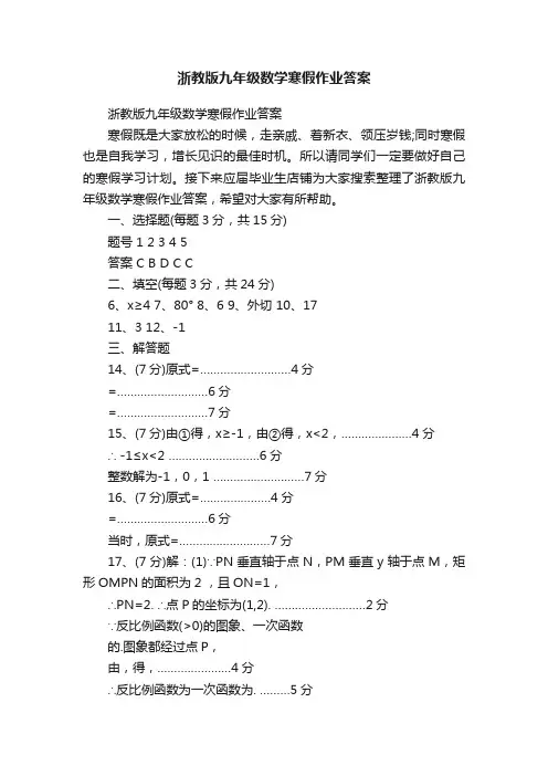 浙教版九年级数学寒假作业答案