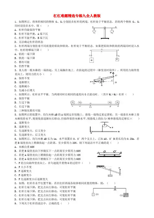 九年级物理 杠杠难题精选专练 人教新课标版
