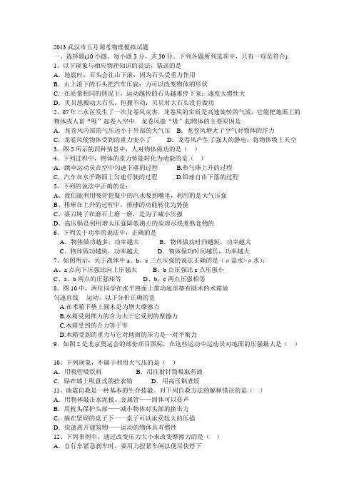 2013武汉市五月调考物理模拟试题
