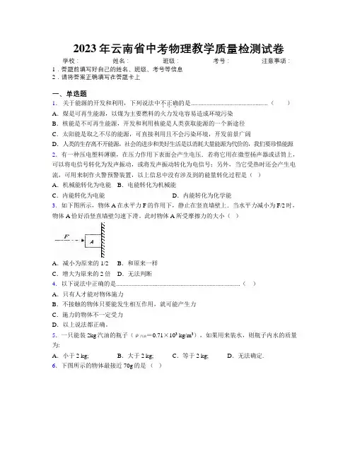 2023年云南省中考物理教学质量检测试卷附解析