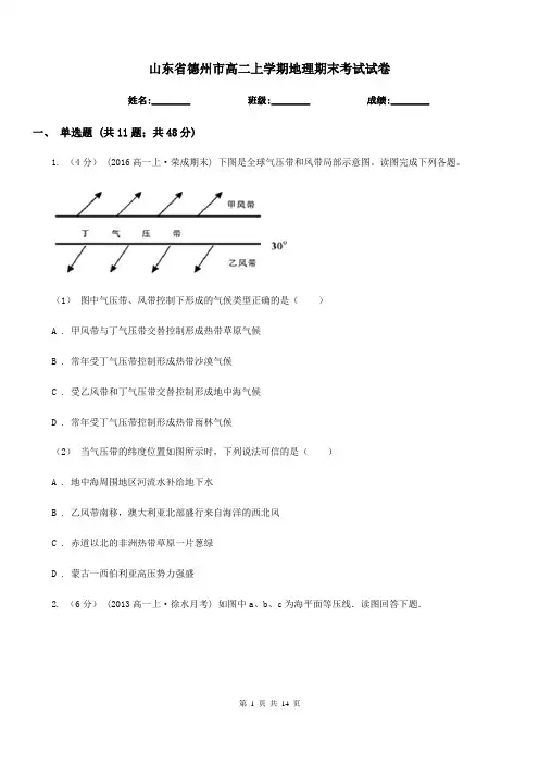 山东省德州市高二上学期地理期末考试试卷