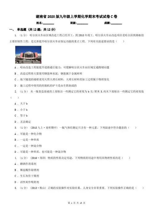 湖南省2020版九年级上学期化学期末考试试卷C卷