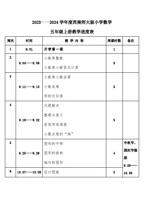 2023年秋学期西南师大版小学数学五年级上册教学进度表