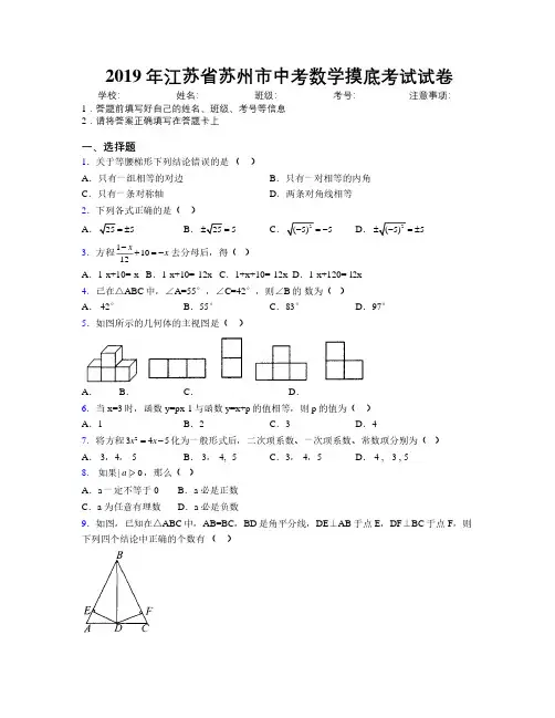 2019年江苏省苏州市中考数学摸底考试试卷附解析
