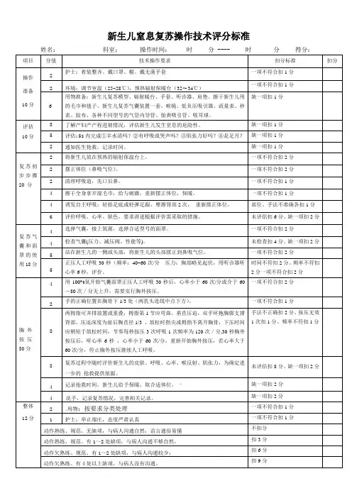 新生儿窒息复苏操作技术评分标准