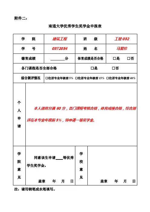 奖学金、荣誉称号申报表模板