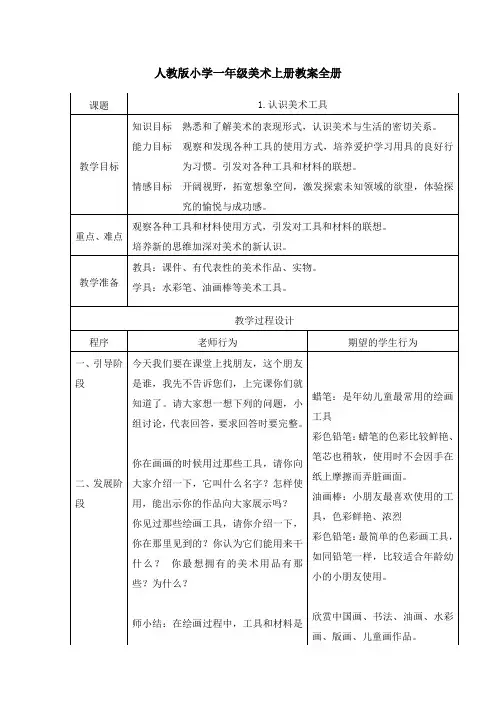 人教版小学一年级美术上册教案全册