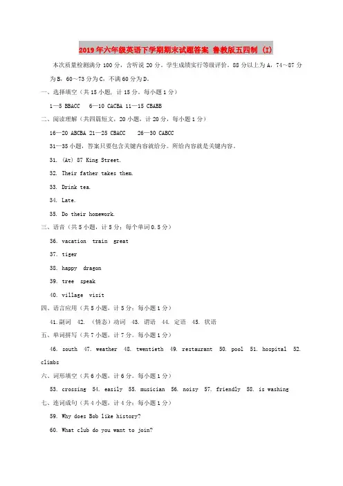 2019年六年级英语下学期期末试题答案 鲁教版五四制 (I)