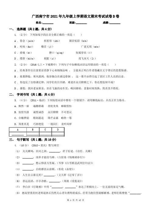 广西南宁市2021年九年级上学期语文期末考试试卷B卷