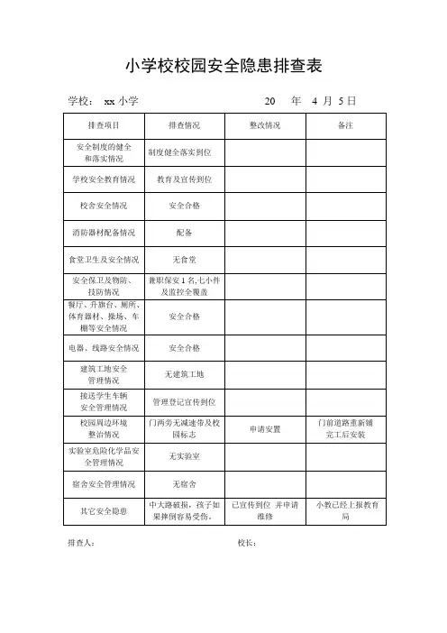 小学校安全隐患排查表