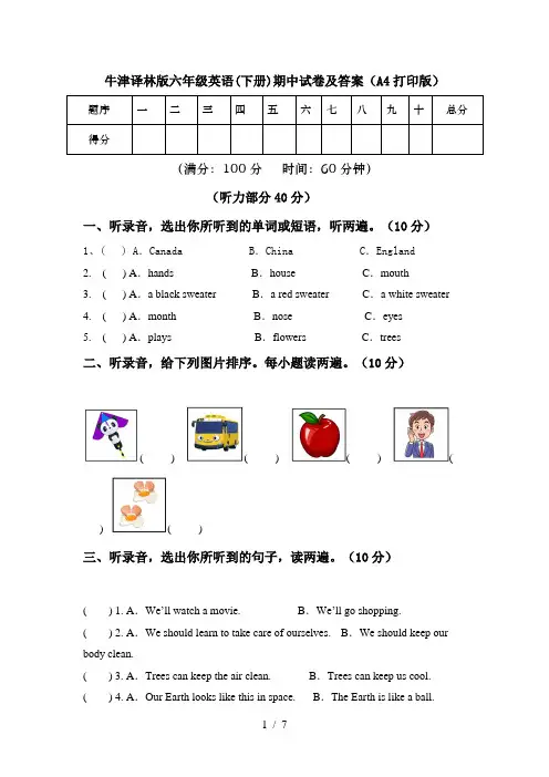 牛津译林版六年级英语(下册)期中试卷及答案(A4打印版)