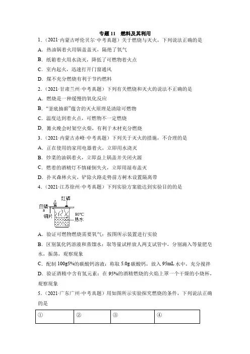 专题11 燃料及其利用-2021年中考化学真题分项汇编(全国通用)(第04期)(原卷版)