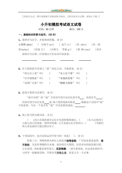 小升初语文模拟试卷及答案.doc