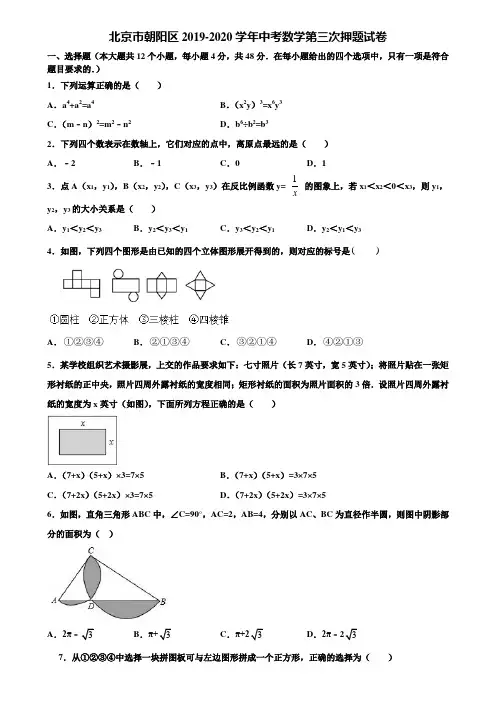 北京市朝阳区2019-2020学年中考数学第三次押题试卷含解析