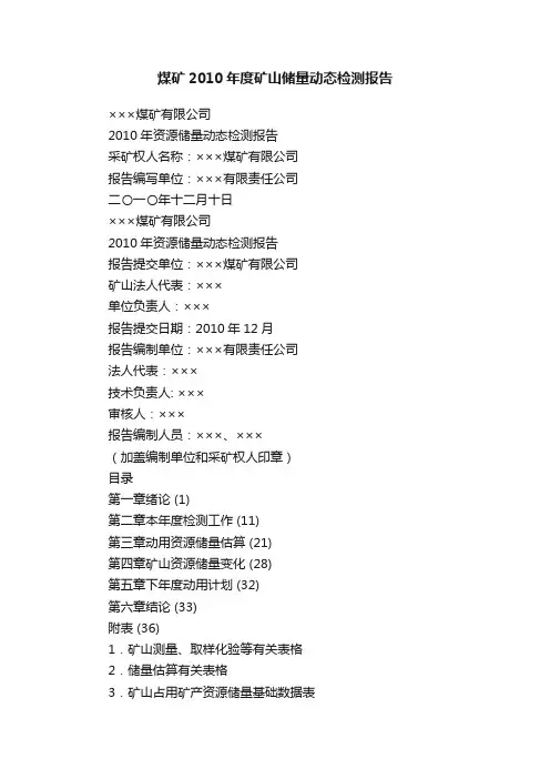 煤矿2010年度矿山储量动态检测报告