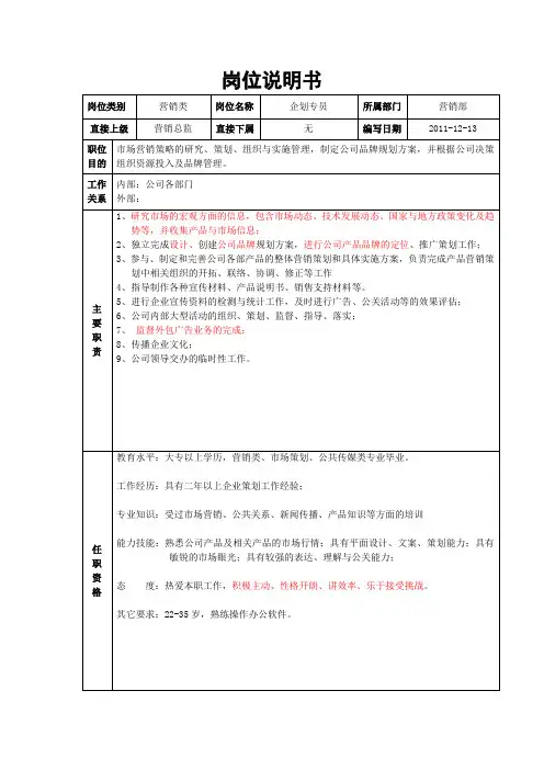企划专员岗位说明书
