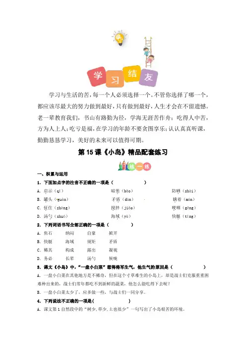 最新人教部编版小学五年级上册语文第15课《小岛》精品配套练习(基础+阅读)