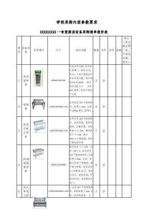 学校厨房设备采购内容参数要求