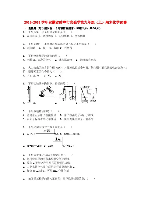 安徽省蚌埠市实验学校2015-2016学年九年级化学上学期期末试题(含解析) 新人教版