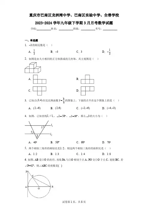 重庆市巴南区龙洲湾中学、巴南区实验中学、全善学校2023-2024学年九年级下学期3月月考数学试题