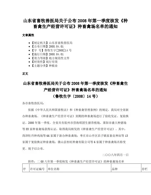 山东省畜牧兽医局关于公布2008年第一季度核发《种畜禽生产经营许可证》种畜禽场名单的通知