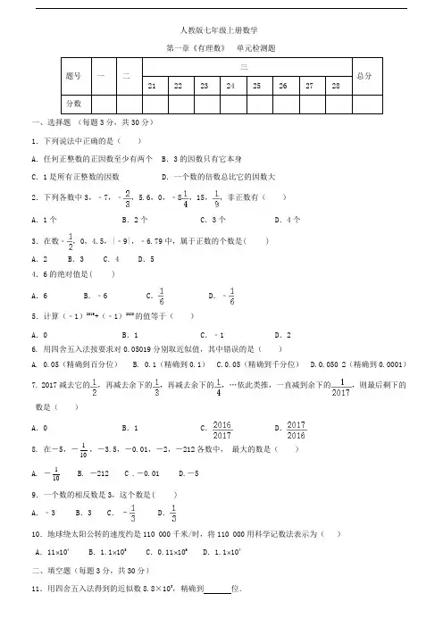 人教版七年级上册数学  第一章《有理数》  单元检测试题(含答案)