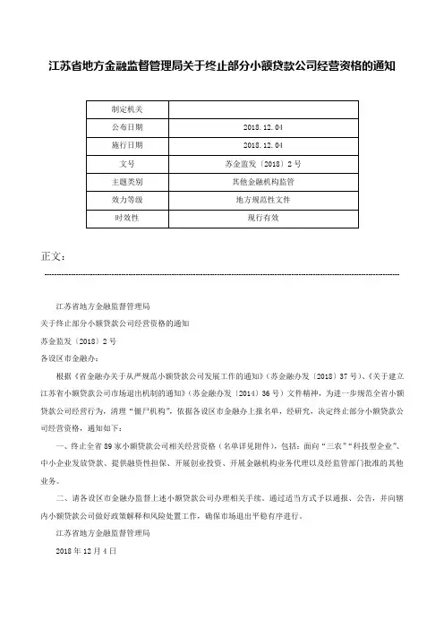 江苏省地方金融监督管理局关于终止部分小额贷款公司经营资格的通知-苏金监发〔2018〕2号
