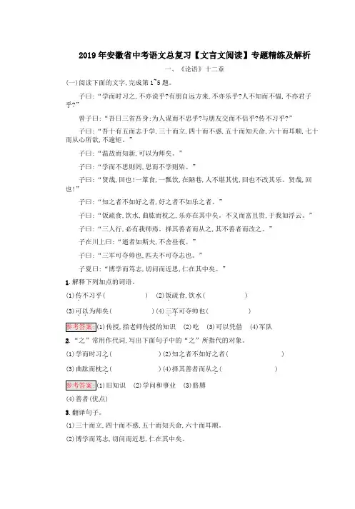2019年安徽省中考语文总复习【文言文阅读】专题精练及解析