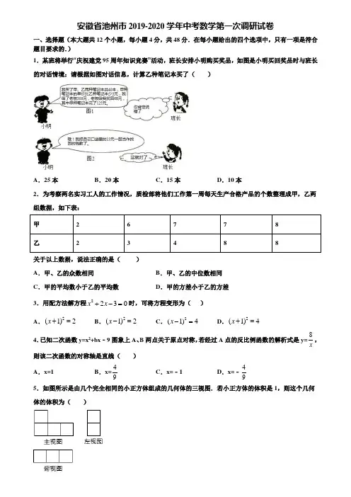 安徽省池州市2019-2020学年中考数学第一次调研试卷含解析