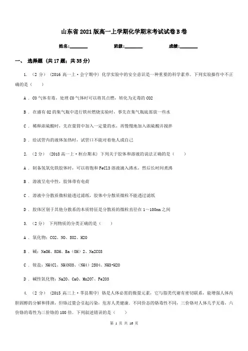山东省2021版高一上学期化学期末考试试卷B卷