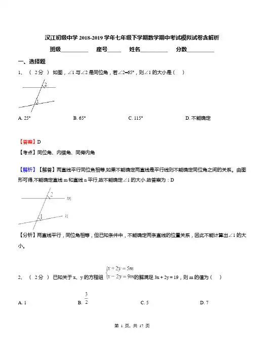 汉江初级中学2018-2019学年七年级下学期数学期中考试模拟试卷含解析