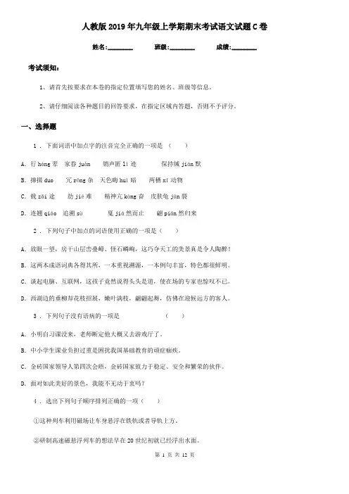 人教版2019年九年级上学期期末考试语文试题C卷(练习)
