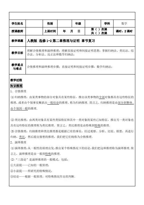 人教版高中数学选修1-2第二章推理与证明章节复习