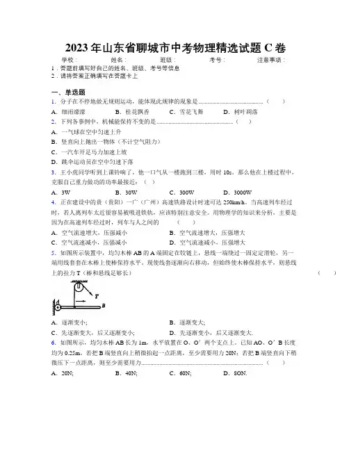 2023年山东省聊城市中考物理精选试题C卷及解析