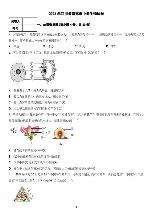 2024年四川省南充市中考生物试卷(含答案)