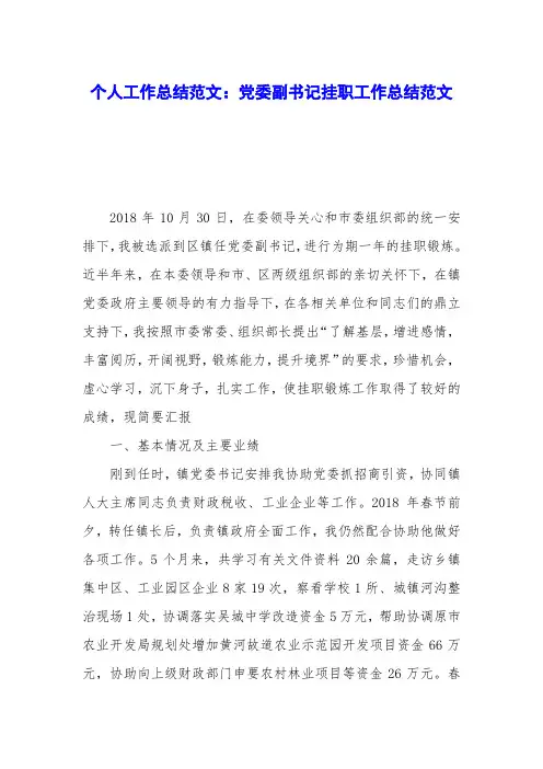 个人工作总结范文：党委副书记挂职工作总结范文