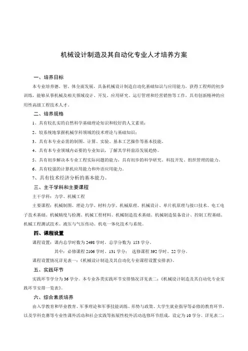 机械设计制造及其自动化专业人才培养方案