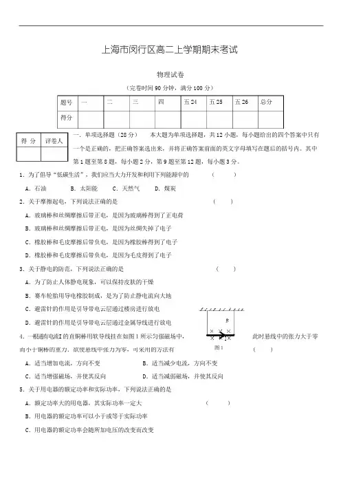 2019年最新高三题库 上海市闵行区2019学年高二上学期期末考试(物理)