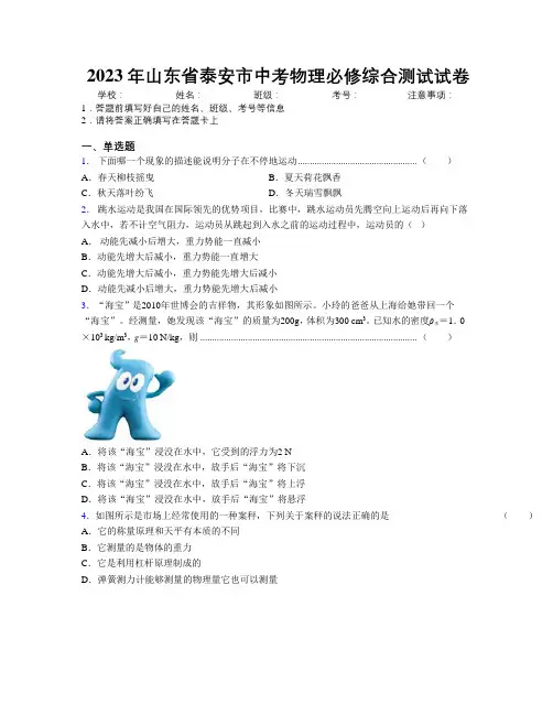 2023年山东省泰安市中考物理必修综合测试试卷及解析
