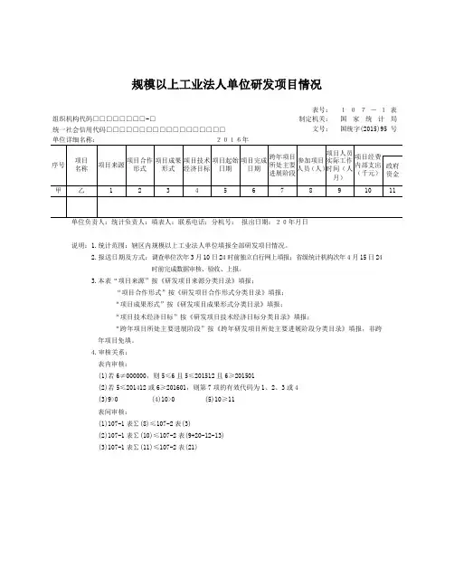 规模以上工业法人单位研发项目情况 国统字(2015)95号 107-1表