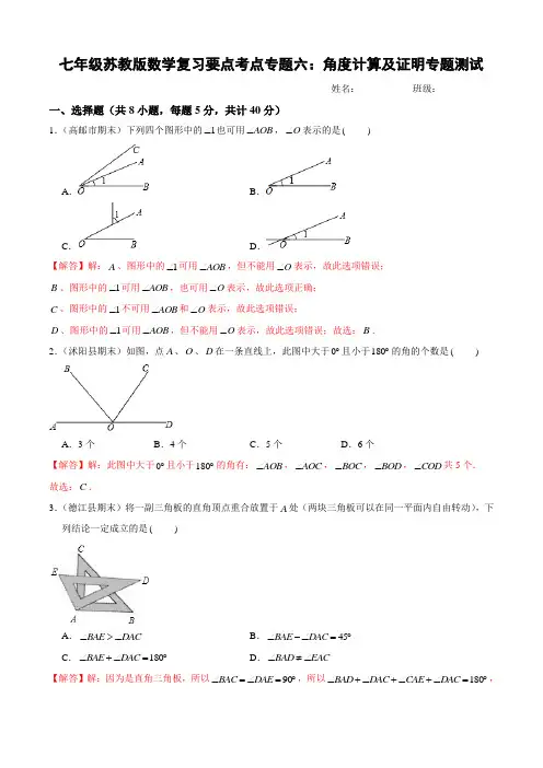 七年级苏教版数学复习要点考点专题六：角度计算及证明专题测试(教师用,附答案分析)