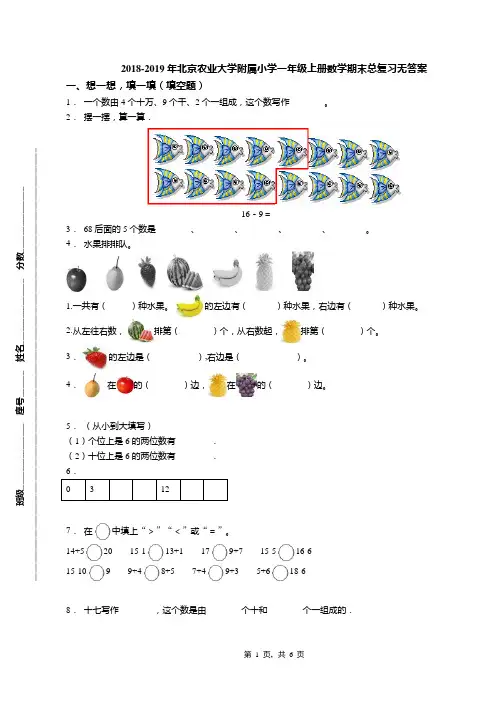 2018-2019年北京农业大学附属小学一年级上册数学期末总复习无答案(1)
