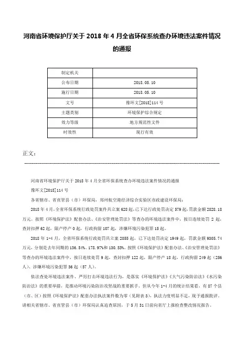 河南省环境保护厅关于2018年4月全省环保系统查办环境违法案件情况的通报-豫环文[2018]114号