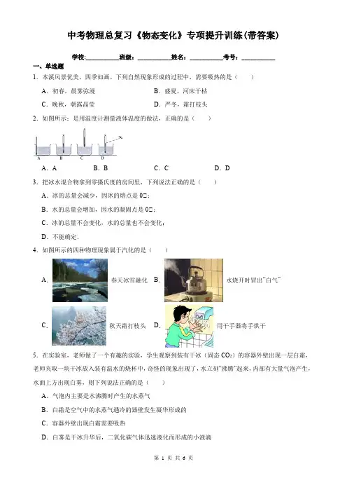 中考物理总复习《物态变化》专项提升训练(带答案)
