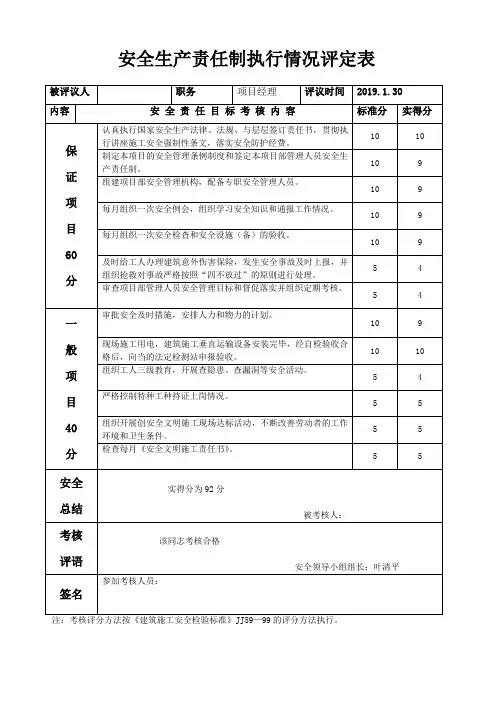 安全生产责任制执行情况评定表