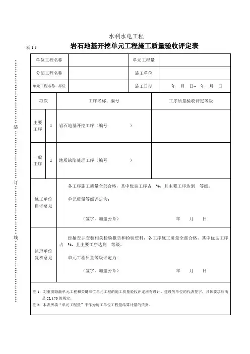 表1.3岩石地基开挖单元工程施工质量验收评定表
