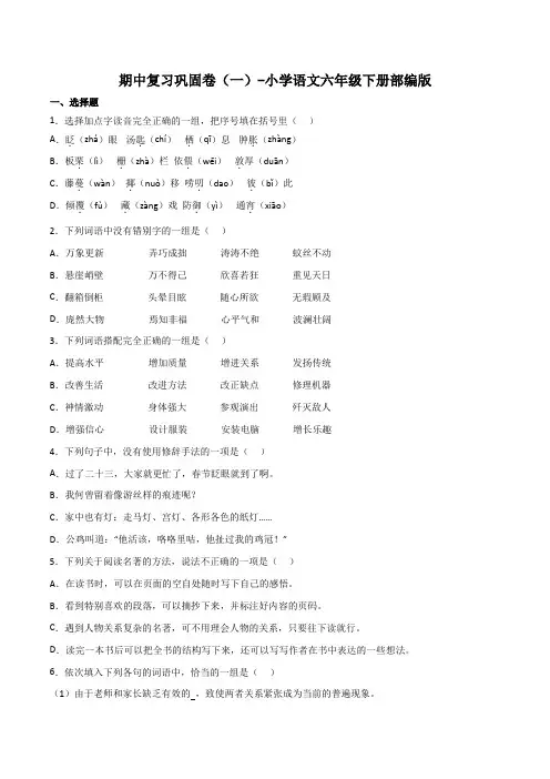 期中复习巩固卷(一)-2022-2023学年语文六年级下册(部编版)