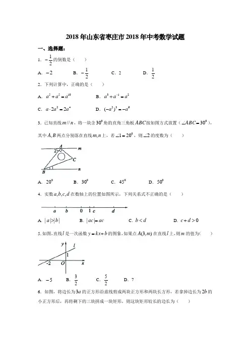 山东省枣庄市2018年中考数学试题(word版,无答案)